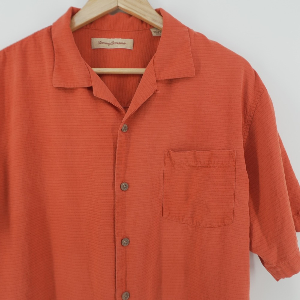 Tommy Bahama Silk Button Up Shirt Mens Large Orange Textured Short Sleeve Camp